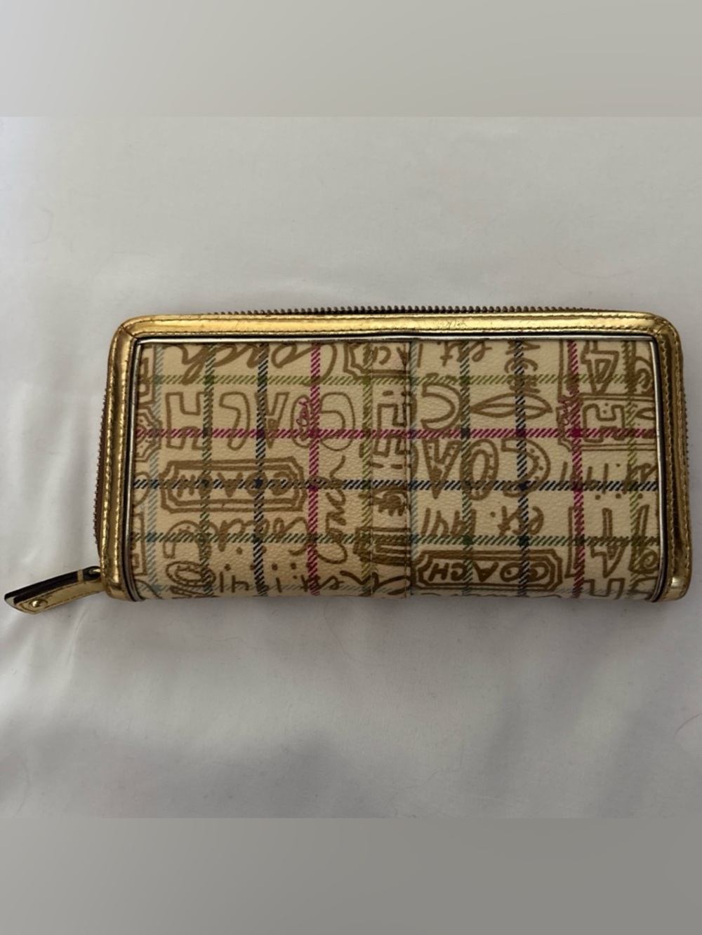 Coach Gold Metallic Graffiti Tattersall Zip-Around Wallet